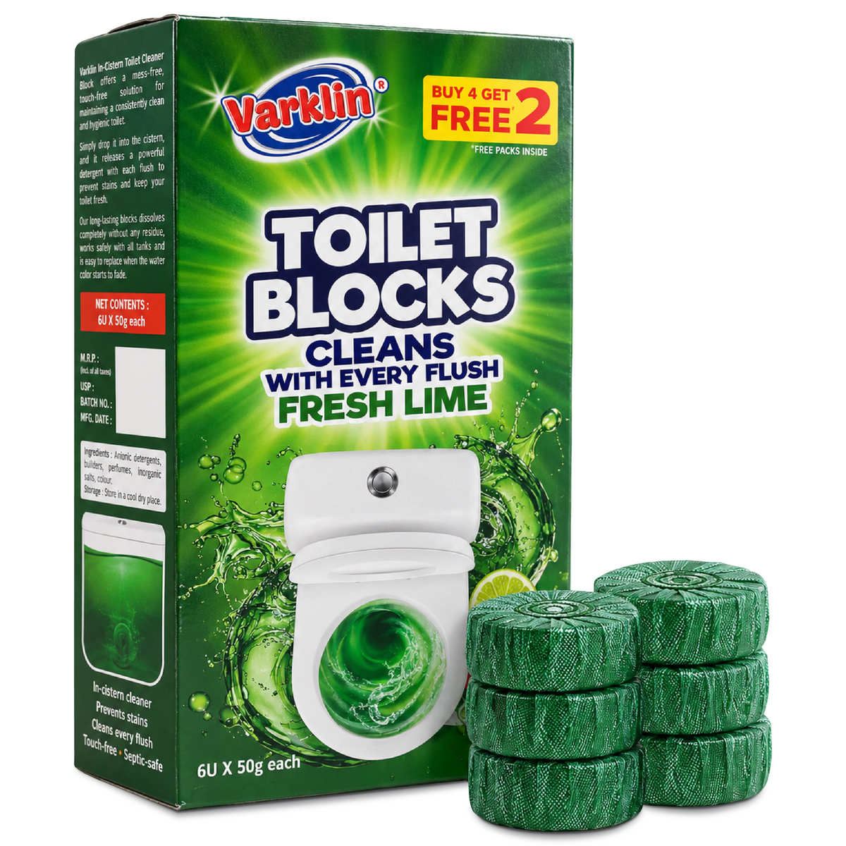 Varklin Fresh Lime Toilet Cleaner Blocks, pack of six, lemongrass fragrance